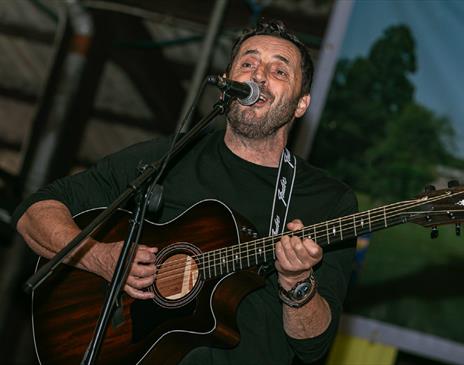 man on stage with a guitar singing into a microphone.