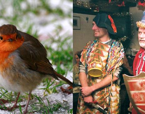 A photo of a Robin in snow and two men in fancy dress with a sword a shield