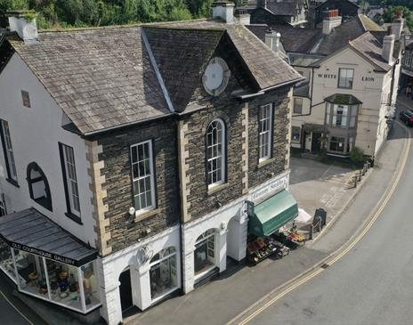 Exterior birds-eye view of The Old Courthouse Gallery in Ambleside, Lake District
