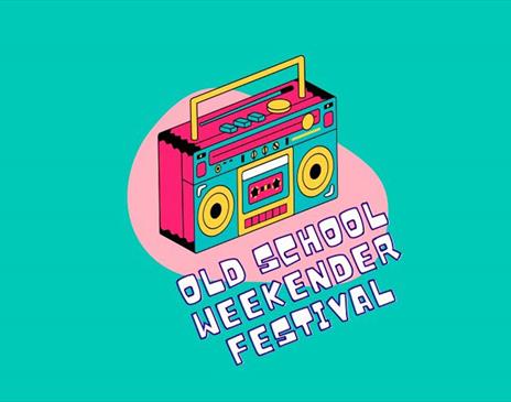 Poster for the Old School Weekender Festival with a retro boombox illustration on a teal background