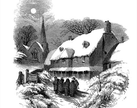 Crosshatch Illustration of 5 people walking in the snow towards a church in Winter