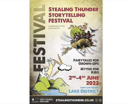 Poster for Stealing Thunder Storytelling Festival at The Hare & Hounds Inn, Bowland Bridge, Lake District