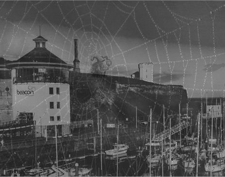 Black and white photo of the beacon museum with a spiderweb overlay