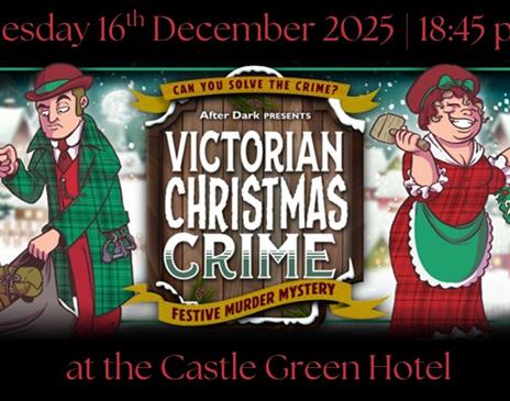 Illustration for "Victorian Christmas Crime" showing a detective holding a candle and a women hammering in a Christmas wreath with bones on it