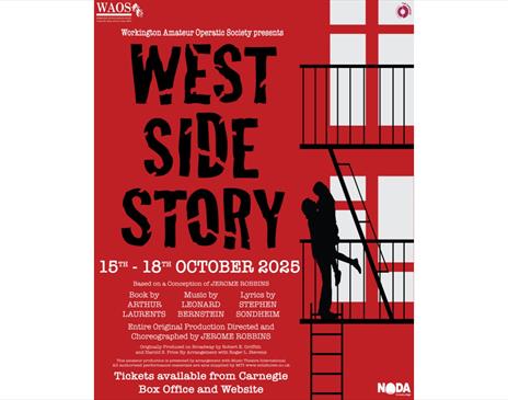 WAOS West Side Story Poster. Illustration of man and women outside on railings holding each other.