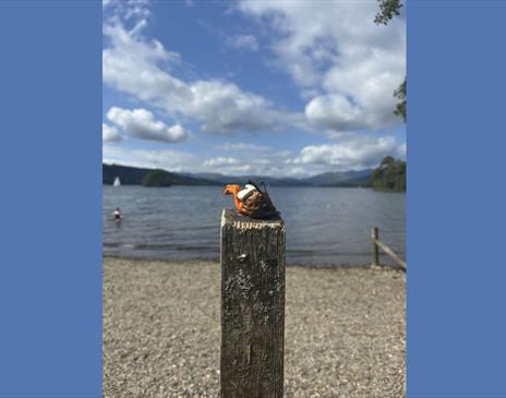 Monster made of clay seated on a wooden pole with a backdrop of lake Windermere.