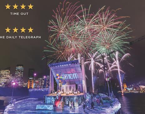 Photo of fireworks above Sydney harbour with a concert being done on the river