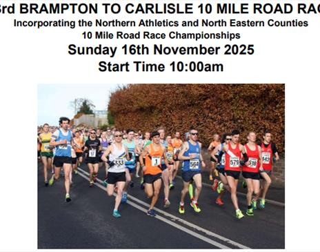 Brampton To Carlisle 10 mile road race poster. Including runners running on a road