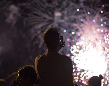 A person taking a photo of some fireworks