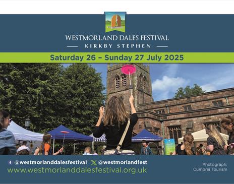 Poster for Westmorland Dales Festival in Kirkby Stephen.
Image of people at the festival by a church
