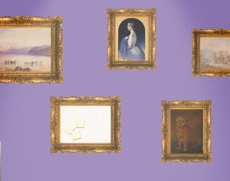 Mutiple artworks on a purple coloured wall