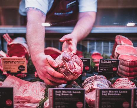 Salt Marsh Lamb in butcher counter at Cranstons Food Hall in Cumbria