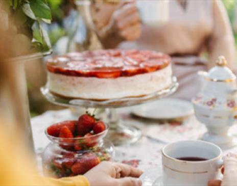 two people sat around an afternoon tea spread