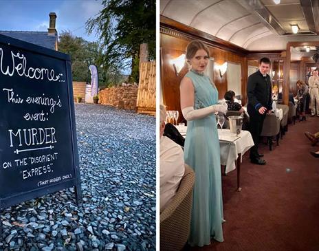 Signage and Actors at Murder Mystery Nights at Bassenthwaite Lake Station in Bassenthwaite Lake, Lake District