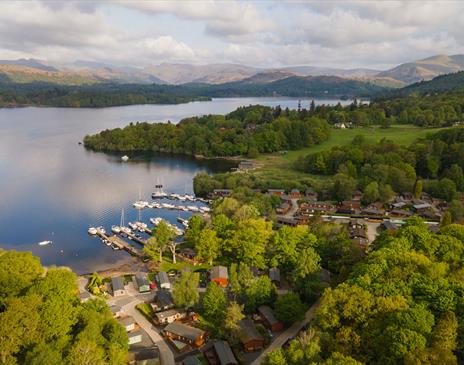 Aerial view of White Cross Bay Holiday Park in Windermere, Lake District
