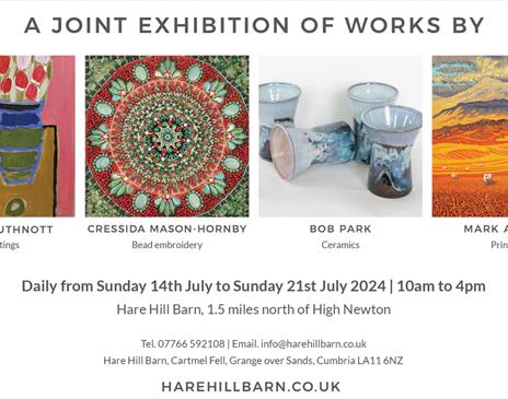 Poster for Summer Exhibition of Joint Works by Rose Arbuthnott, Cressida Mason-Hornby, Bob Park and Mark A Pearce at Hare Hill Barn near Cartmel, Lake