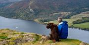 Visitor and dog look over Ullswater Valley in the Lake District, Cumbria