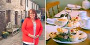 A Photo of Host Angela, alongside a Photo of Cakes on a Breakfast Table at High Greenside Bed and Breakfast in Ravenstonedale, Cumbria