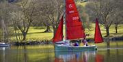 Sailing Boat with red sail backlit by the green fields
