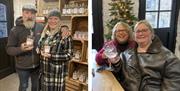 Smiling Visitors at a Gin Making Workshop at Black Cat Distillery at Brougham Castle near Penrith, Cumbria