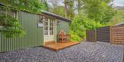 Exterior and entrance to Bluebell Lodge at Coniston Shepherd Hut Lodges in Coniston, Lake District