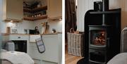 Kitchenette and wood burner at Brackenslack Shepherds Huts in Maulds Meaburn, Cumbria