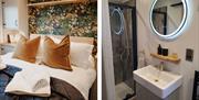 Double bedroom and bathroom at Brackenslack Shepherds Huts in Maulds Meaburn, Cumbria