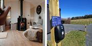 Living space and wood burner and electric vehicle charger at Brackenslack Shepherds Huts in Maulds Meaburn, Cumbria