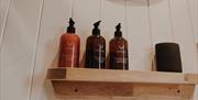 Bathroom toiletries at Brackenslack Shepherds Huts in Maulds Meaburn, Cumbria