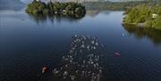 Sporting event participants swimming in Derwentwater at Keswick Mountain Festival in Keswick, Lake District