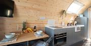 Kitchen and Dining Space inside a Pod at Eden Heights Glamping in Appleby-in-Westmorland, Cumbria