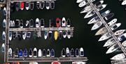 Marina and Docked Boats, Viewed from Above at Freedom Boat Club Windermere in Bowness-on-Windermere, Lake District