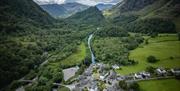 Aerial view over Grange Bridge Cottage in Borrowdale, Lake District