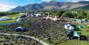 Aerial view of Crowds and Tents at Keswick Mountain Festival in the Lake District, Cumbria