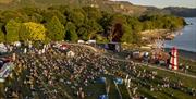 Aerial view of tents and visitors at Keswick Mountain Festival in Keswick, Lake District