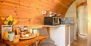 Kitchen and food in the Glamping Pod at Mosedale End Farm