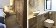 Bedroom and ensuite bathroom at The Barn at Linden Farm House in Langwathby, Cumbria
