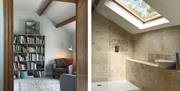 Library and walk-in shower at The Cottage at Linden Farm House in Langwathby, Cumbria