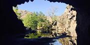 View looking out of Rydal Cave in the Lake District, Cumbria