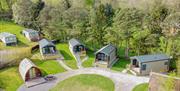 Waterfoot Park, aerial view of S-Pods and glamping field