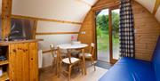 Interior of glamping pods at Woodclose Park in Kirkby Lonsdale, Cumbria.