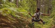 Visitor looking over their shoulder and smiling from a zipline at Go Ape in Grizedale Forest in the Lake District, Cumbria