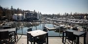 Outdoor dining overlooking the marina at Marina View Restaurant & Bar in Bowness-on-Windermere, Lake District © Kyle Mac Photography