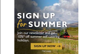 Graphic promoting the Sign Up for Summer promotion at Ravenglass and Eskdale Railway