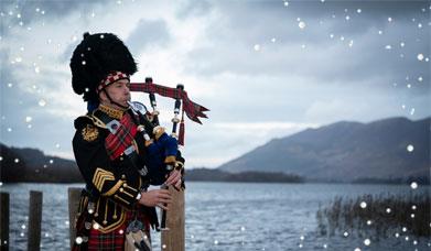 Bagpiper in the Lake District in wintertime