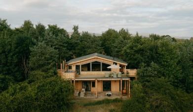 Drone photo of Luna Treehouse at Into the Woods near Little Salkheld, Cumbria
