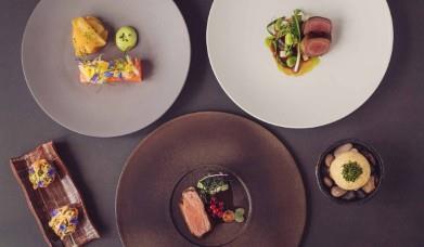 Plated food of the six course Michelin star tasting menu at Allium at Askham Hall