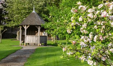 Gazebo and gardens at Mirehouse Historic House and Gardens near Bassenthwaite, Lake District