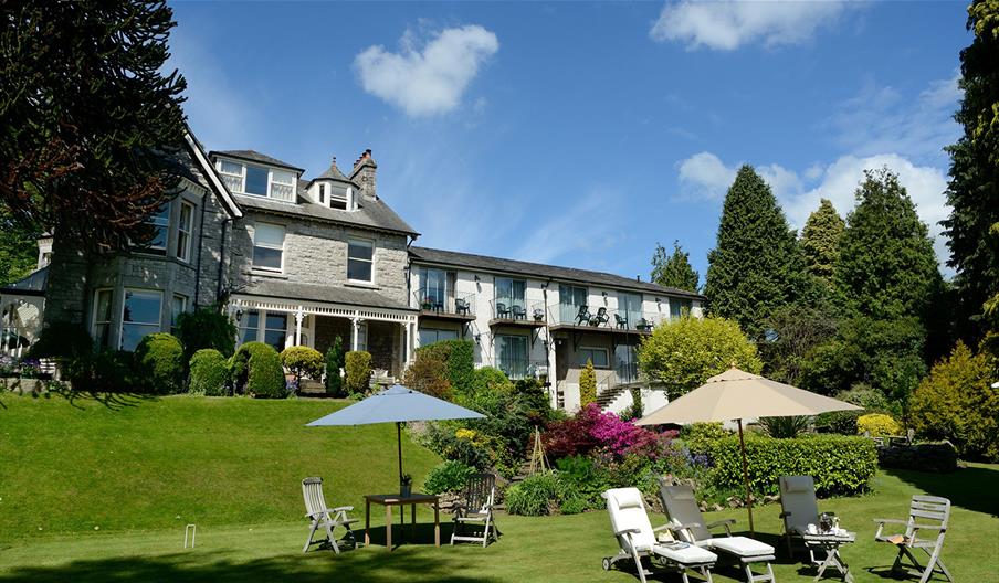 Exterior and garden seating at Clare House Hotel in Grange-over-Sands, Cumbria