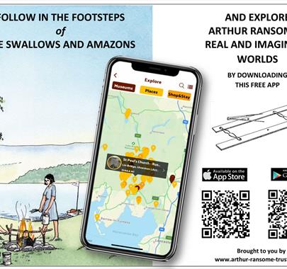 Poster for Downloading the Swallows and Amazons App, with QR codes to the download on Google Play and Apple App Store